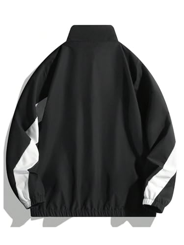 Image of Verdusa Men's Color Block High Neck Zip Up Long Sleeve Windbreaker Jacket Outerwear Black White Medium