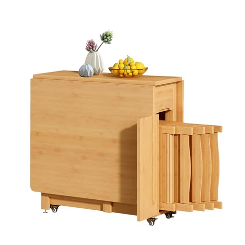 Drop Leaf Table for Small Spaces, Folding Dining Table with 4 Chairs, Multifunctional Retractable Extendable Tables with 2 Storage Drawers & 4 Wheels for Party, Living Room,Kitchen (Natural)