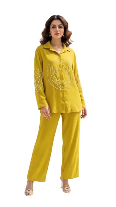 Women's Cotton Mustard Co-ord Set - Embroidered Shirt and Matching Trousers Two-Piece Outfit, Floral Pearl Work Long Sleeve Button-Down Top and Wide Leg Pant Lounge Set-picture-29