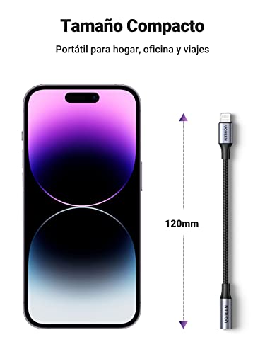 UGREEN Adaptador Auriculares para MFi Certificado Lightning a Jack 3.5mm con Microfono Compatible con iPad y iPhone 14 Plus Pro/SE 2022/13/ 12/11/ XR/X/ 8, Plug y Play (Plata)