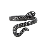 Verstellbarer Schlangenring – elegantes schwarzes Edelstahlspulen-Design, hypoallergen und langlebig, vielseitiges Mode-Accessoire für jeden Anlass, präsentiert auf Karte mit Blumenrückseite,