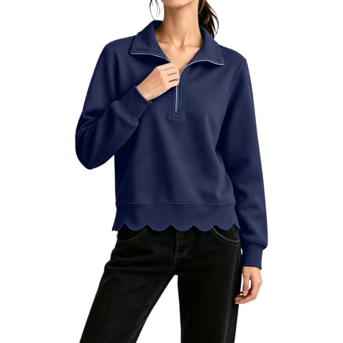 Quarter Zip Sweatshirt Women Scalloped Collared Casual Pullover Sweatshirt - image 3