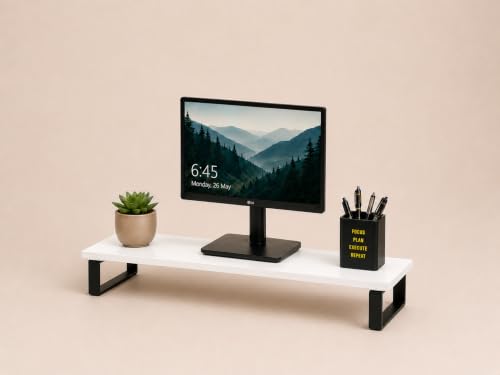 Image of Wooden Monitor Stand with Storage Organizer For Desk, Tables, Office, Home, Studio, Study Table | Desktop Ergonomic Monitor Stand Riser (White, Large (with metal legs))