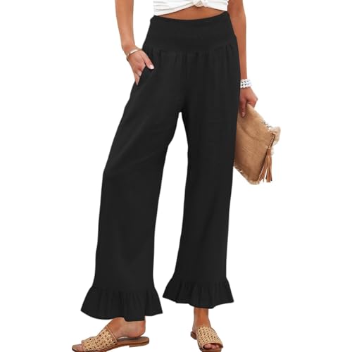 Palazzo Pants for Women Casual Wide Leg Boho Pants Summer Linen Smocked High Waist Ruffle Hem Trousers with Pockets2