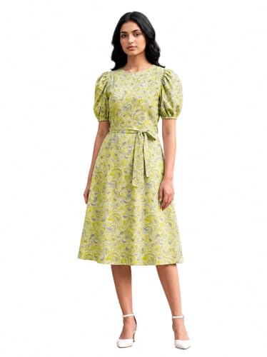 Image of HELLCAT Women Floral Fit & Flare Midi Dress | Round Neck, Puff Short Sleeve, Waist Tie-Up Belt | Casual Brunch Wear, Western One Piece, A-Line Long Frock, Summer Party Outfit