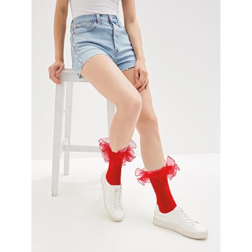Image of Women Big Ruffle Ankle Socks Adult Double Lace Frilly Socks Fold Cuff Cotton Ruffled Dress Crew Bobby Bride Sock
