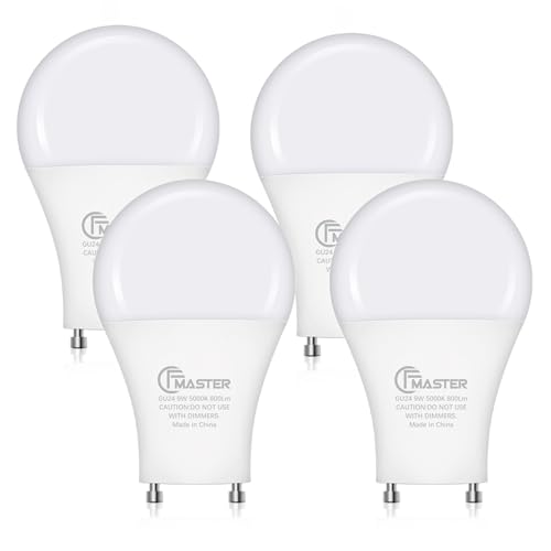 CFMASTER GU24 LED Light Bulb, 5000K Daylight, 9W(100W Equivalent), 800 Lumens, A19 Shape GU 24 LED Bulbs, Twist and Lock GU24 Pin Base with Two Prongs, Non-Dimmable, UL ETL Certificated(4-Pack)