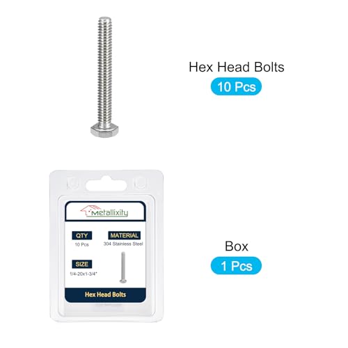 Image of METALLIXITY Hex Head Bolts (1 /4-20 x 1-3 /4 inch) 10Pcs, 304 Stainless Steel 18-8, Fully Threaded, External Hex Drive, Plain Finish, Hex Head Screw Bolt, Silver