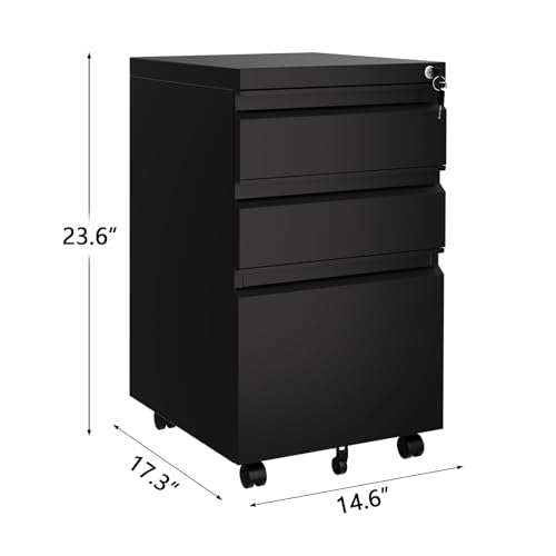 PioneerWorks 3 Drawer File Cabinet with Lock,Metal File Cabinet with Wheels,Under Desk Filing Cabinet Fits Legal Letter A4,for Office,Pharmacy