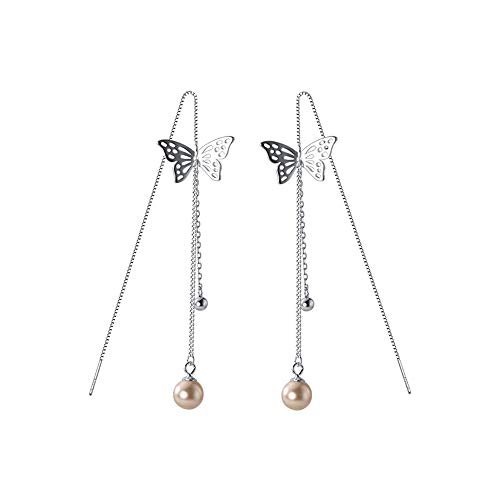 Elegant Butterfly Threader Tassel Dangle Drop Earrings S925 Sterling Silver Pink Pearl Dangling Charm Long Chain Stud Hoop Earring Dainty Jewelry Gifts for Women Girls Sensitive Ears