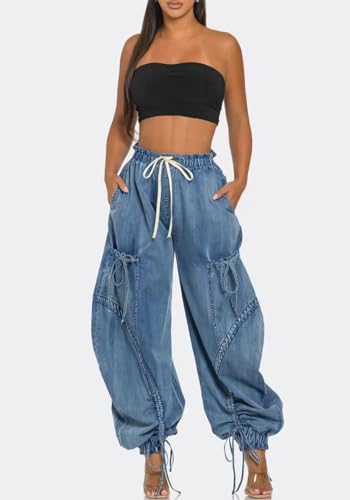 Ptorlio Women's Cargo Jean Elastic Waist Denim Pants Casual Joggers Loose Jeans with Pockets2