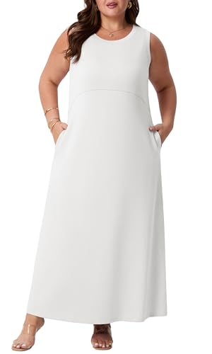 White Maxi Dress Plus Size Women Summer Premium Air Layer Tank Dress Non-Sheer Sleeveless Long Sundresses with Pockets Beach Wedding White-3X