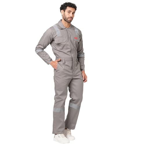 FRENCH TERRAIN® Men's 100% Cotton Pyrovatex Fire Retardant Industrial Coveralls (Boiler Suit) with Reflective Tape 240 GSM. Color_ Grey, Size_5XL - 50