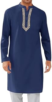 Runcati Mens Kaftan Thobe Button Down Casual Henley Shirts Long Sleeve Robe Cotton Linen Muslim Gown Shirt
