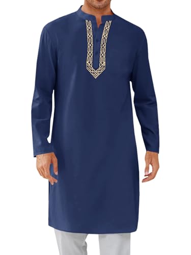 Runcati Mens Kaftan Thobe Button Down Casual Henley Shirts Long Sleeve Robe Cotton Linen Muslim Gown Shirt