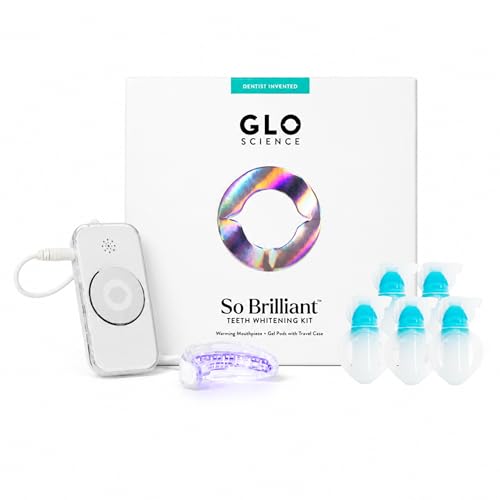 GLO Science So Brilliant Tooth Whitener Set – Unique Heat Technology for Fast, Sensitivity Free Teeth Whitening – Patented Mouthpiece with LED Light, Gel Pods with 6% HP, Lip Balm, & Travel Case