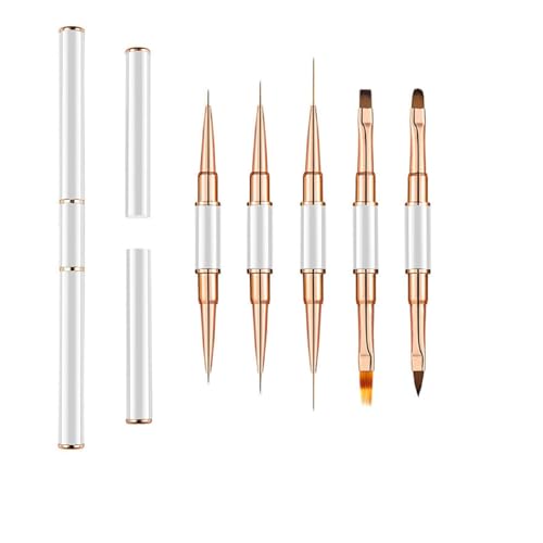 OHREN Set de 5 Pinceles de Uñas de Doble Cara con Tapa, Fino para Esmalte UV, Gel/Polygel y Nail Art, Diseño Ombré, 3D, Acrílico y Manicura Francesa Profesional (Blanco)