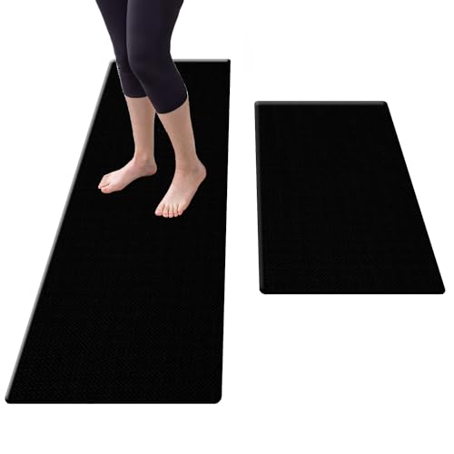 LaiEr Non Slip 2 Piece Kitchen Mat Anti Fatigue Standing Mats Cushioned Comfort Kitchen Floor Mats PVC Waterproof Runner Rug for Standing Desk, Kitchen, Office (45x75x8mm/45x120x8mm,Black)