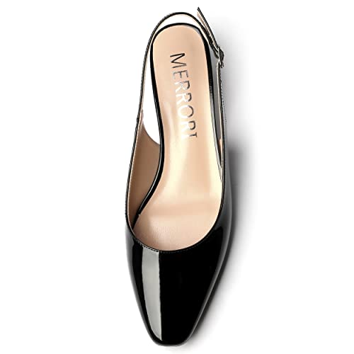 MERRORI Women's Patent Buckle Block Solid Slingback Square Toe Chunky Low Heel Pumps Shoes 1.5 Inch3