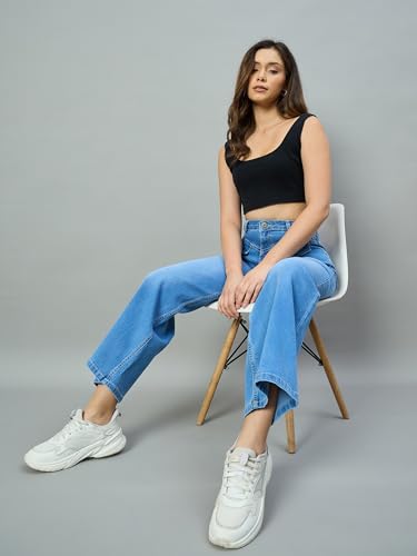 Jean stretch taille haute jambe large galbant bleu - 6