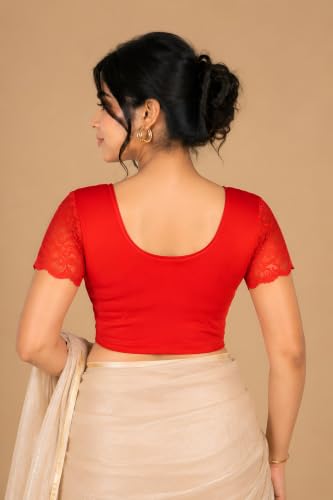 Image of Abhi Cotton Readymade Saree Blouse for Women- Half Net Sleeves, Round Neck, Regular-fit, Stretchable, Pull-on Style Blouse