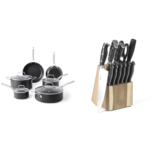 Martha Stewart 10 Piece Hard Anodized Aluminum Cookware Set and 14 Piece Stainless Steel Cutlery Knife Block Set Bundle