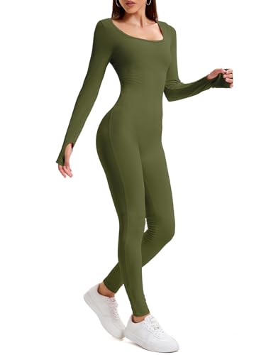 OOHOKAY Jumpsuit Damen Lang Eng Yoga Bodysuit Hohe Taille Overall Stretch Shape Langarm Sport Jumpsuit Leggings Hosen Set Scrunch Butt Sportkleidung Frauen Playsuits Einteiler(Armeegrün-C,L)