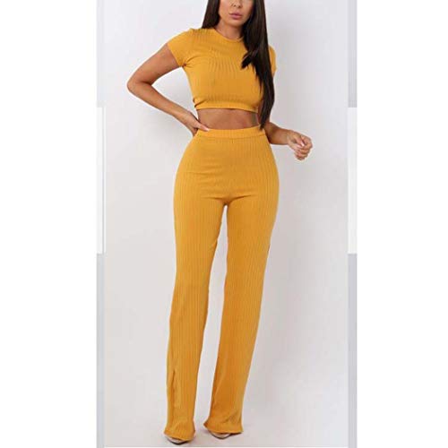 Image of Women's 2 Piece Outfits Set Ribbed Short Sleeve Casual Crop Top Wide Leg Pants Suit Set