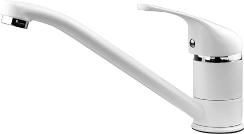 Xcel Home Robinets de cuisine ronds blancs | Monobloc à levier supérieur pivotant à bec long avec tuyaux et raccords standard | Mélangeurs en laiton peu...
