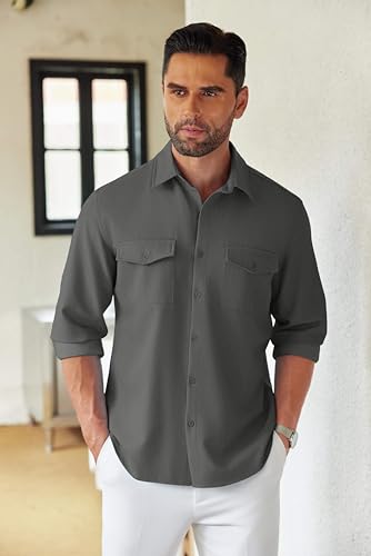COOFANDY Men's Casual Button Down Shirt Long Sleeve Untucked Shirt Stretch Denim Dress Shirt with Pockets3