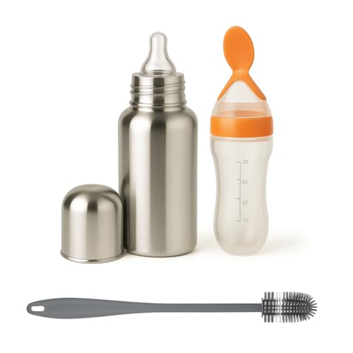 Image of Shark Doo Doo Stainless Steel Bottle for Babies (0-12 Months) - 250ml with Silicone Cleaning Brush (Combo Pack) | BPA Free (SS 3in1 Combo Orange)
