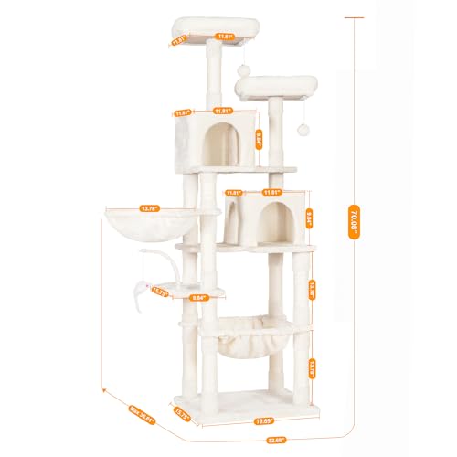 Image of Heybly Cat Tree, 70 inches Tall Cat Tower condo with Toy for Indoor Large Cats, Cat House Furniture with Padded Plush Perch, Cozy Hammock and Sisal Scratching Posts,Beige HCT032M