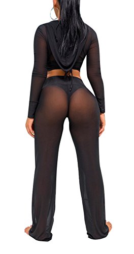 Bluewolfsea Women's Sexy 2 Piece Mesh Swimsuit Bikini Cover Up Hoodie Crop Tops And Pants Set Summer Beach Party Outfits (Xx-Large, Black) #TOP1