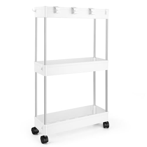 Desserte à Roulettes à 3 Niveaux, Chariot de Rangement à Roulettes Mobile, Étagère de Niche Étroite 12,5 cm, Desserte pour Cuisine, Bureau, Salle de Bain, Chariot Rangement 12,5 x 38.8 x60 cm