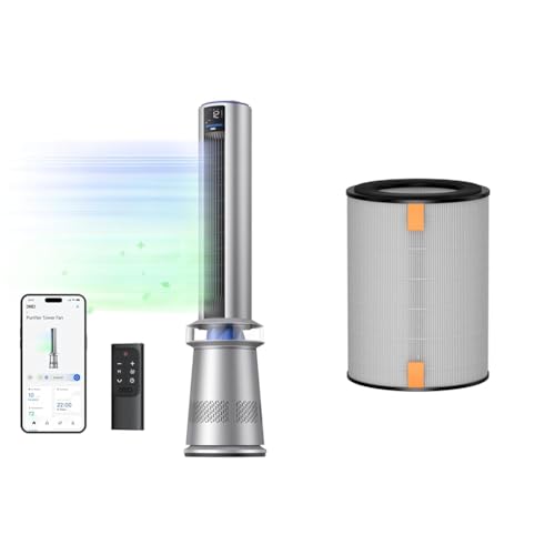 Dreo Air Purifier Tower Fan with 45" Oscillation, 27ft/s Airflow, App Control, and Replacement HEPA Filter for Bedroom