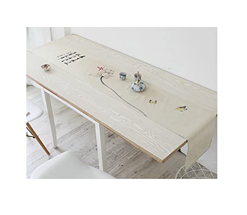 Chemin de table en lin et coton beige 32x230 cm brodé de fleurs et papillons