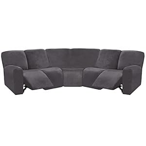 ULTICOR 7-Piece Sectional Sofa Covers, Velvet Stretch Reclining Couch Covers for Reclining L Shape Sofa, Thick, Soft, Washable (Dark Grey, 5 Seat Recliner Cover)