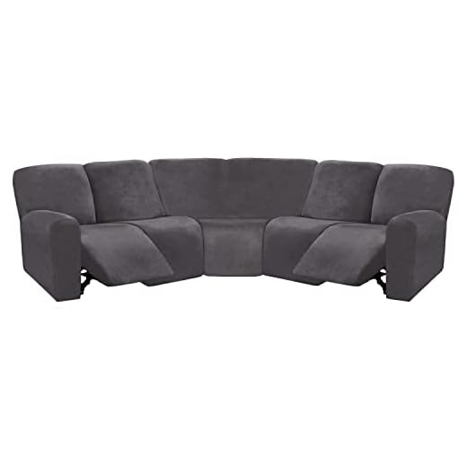 ULTICOR 7-Piece L Shape Sectional Recliner Sofa Covers, Velvet Stretch Reclining Couch Covers for Reclining L Shape Sofa, Thick, Soft, Washable (Dark Grey, L Shape 5 Seat Recliner Cover)