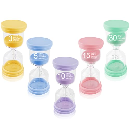 VicBou 5 Piezas Relojes de Arena, Reloj de Arena de Colores 3min 5min 10min 15min 30 Minutos Cepillado de Dientes para Niños Adecuado para Aulas, Cocinas y Oficinas en el Hogar