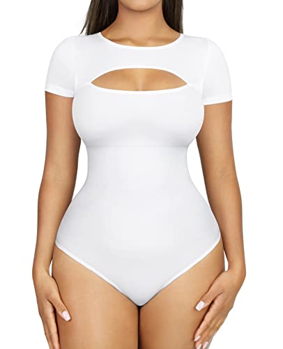FeelinGirl Bodysuit Top for Women Tummy Control Shapewear Short Sleeve Body Shaper Going Out Jumpsuit White XL/XXL