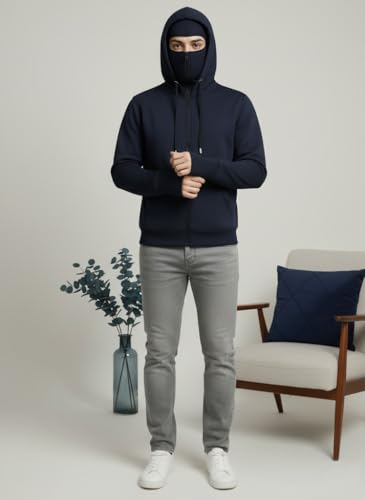 Image of ADRO Men Balaclava Hoodies | 320 GSM Soft Cotton Zipper Hoodie | Thumb-Hole Cuff Gloves | Travel Jacket with Hood | Winter Sweatshirt
