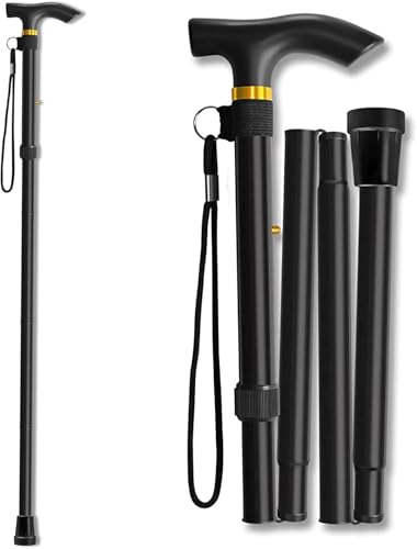 Image of Dr Care 4 Folding Walking Stick for Old Age | Aluminum | Adjustable Height 85-95 cm | Lightweight | Anti Slip | Ergonomic Handle | Rubber Tip | Wrist Strap (Black)