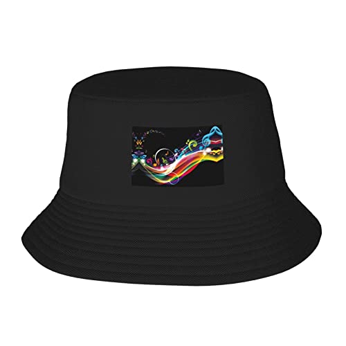 DMORJ Colorful Music - Gorro de pescador de doble capa para adultos, suave y transpirable, ligero y cómodo, duradero, plegable, unisex, color negro, Negro, Talla única