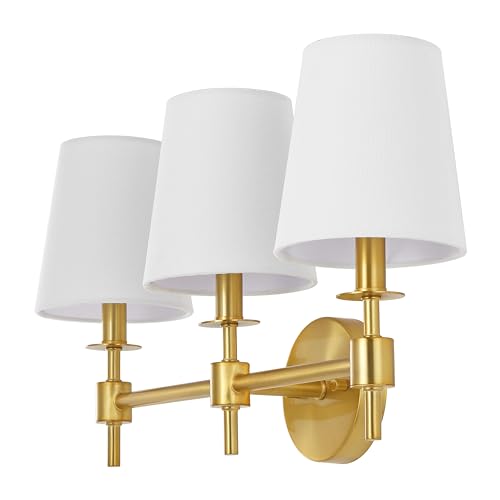 Image of SAFAVIEH Lighting - Davielle 3-Light 21-Inch Wall Sconce - Brass - Fabric Shade - 3-Light Design - Ideal for Vanity, Hallway, Bedroom, Bathroom - LED Bulbs Included (SCN4120B)