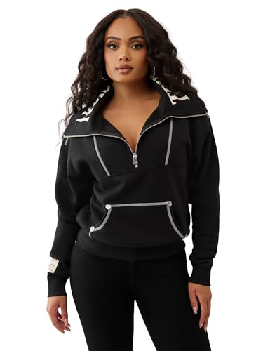 True Religion Pullover da donna con mezza zip a contrasto - Felpa in pile con zip a quarto e cuciture firmate, Nero corvino, X-Small