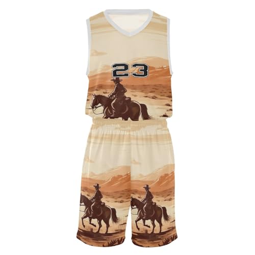 FLildon Western Cowboy Boys Basketball Jersey Set Tank Top Shorts Tracksuit Sport Training Suit for Kids, L