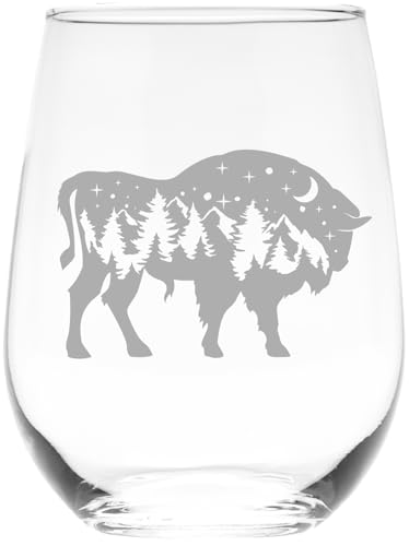 C M Buffalo Stemless Wine Glass for Men and Women - Buffalo Themed Gift - 17 oz. (Style B1)