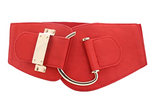 Women Classic Fashion Belt Hip High Waist Gold Metal Hook Buckle S M Red3