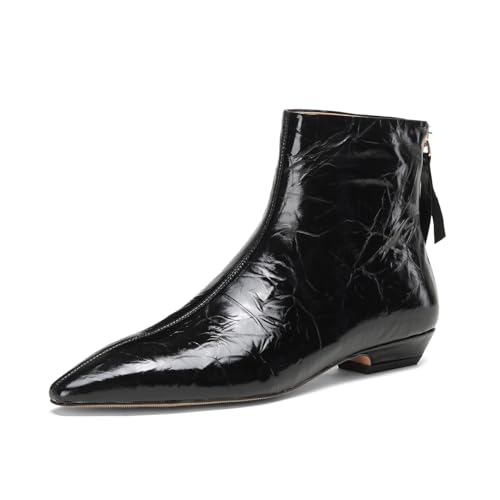 Image of TinaCus Genuine Leather Women's Pointed Toe Comfortable Flat Heels Handmade Zip up Ankle Boots, Black, 6 UK