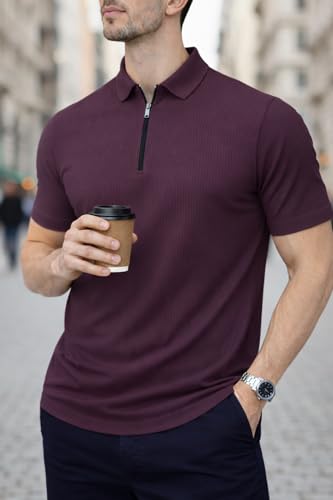 Image of Mack Jonney Men Ribbed Polo T-Shirt | Regular Fit | Half Sleeve | Zip Collar Casual T-Shirt-MJ-94